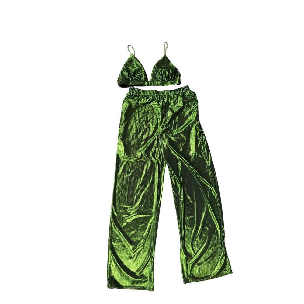 RIVIR Metallic Green 2 Piece Set High Waist Wide Leg Pants & Bralette Top S/M